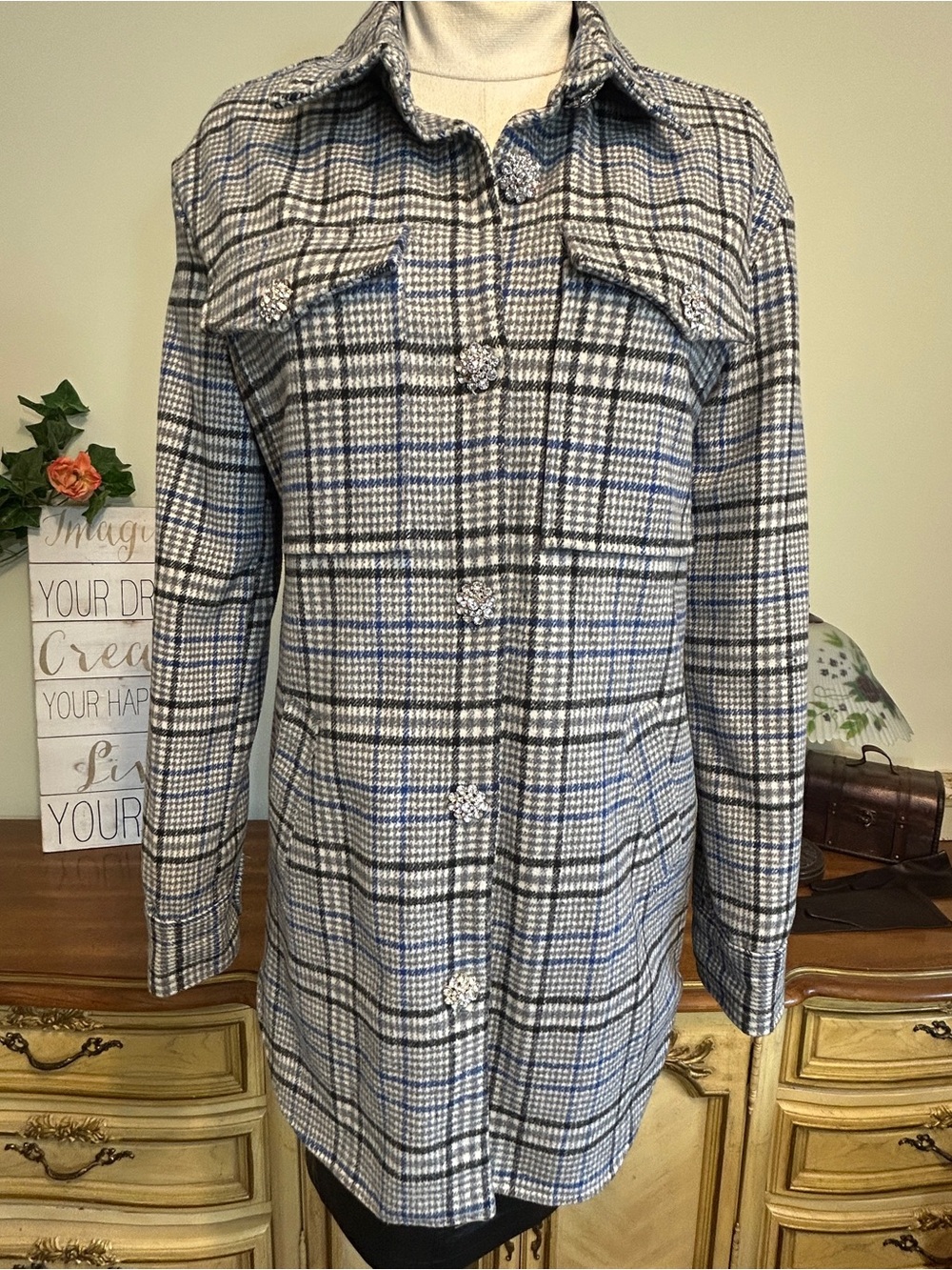 Fashion Nova Blue Gray Black Plaid Rhinestone Front Button Coat